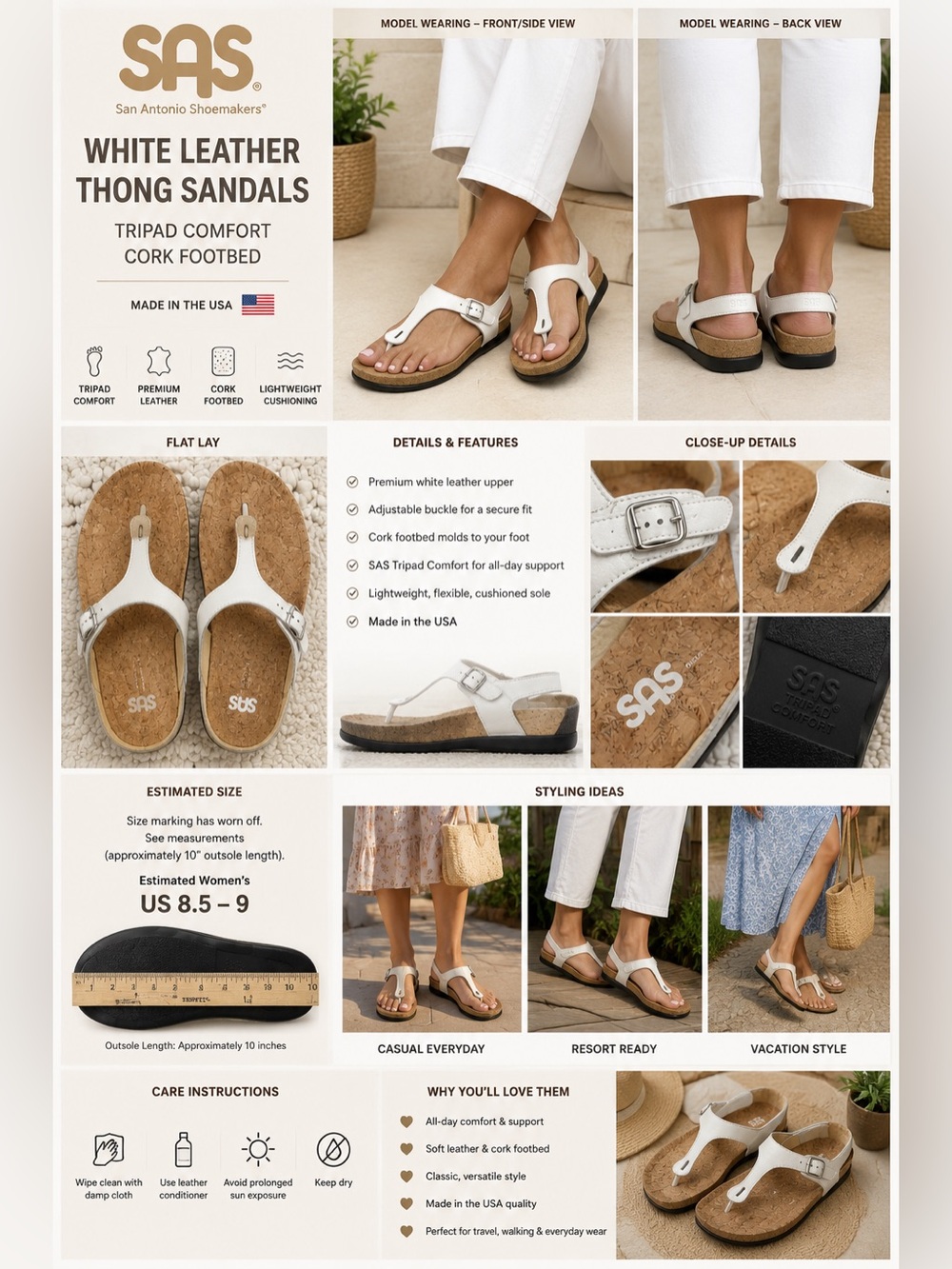 SAS White Leather Comfort Thong Sandals Cork Footbed USA Women's 8.5/9